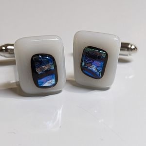 Handmade blue/white fused glass cufflinks with dichroic glass accents